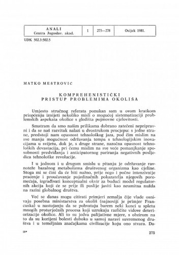Komprehenistički pristup problemima okoliša / Matko Meštrović