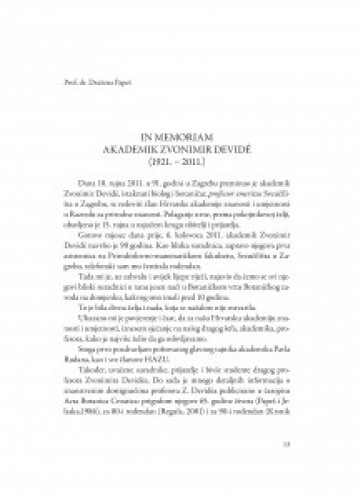 In memoriam Zvonimir Devidé : (1921.-2011.) / Dražena Papeš