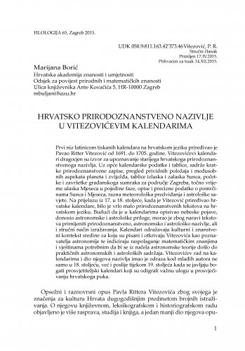 Hrvatsko prirodoznanstveno nazivlje u Vitezovićevim kalendarima / Marijana Borić