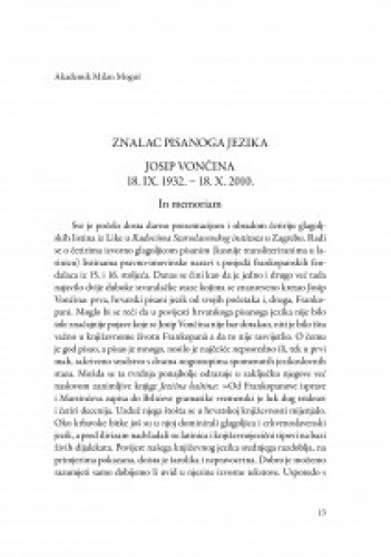 Znalac pisanoga jezika : Josip Vončina 18. IX. 1932.-18. X. 2010. : in memoriam / Milan Moguš