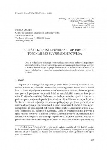 Bilješke iz rapske povijesne toponimije: toponimi bez suvremenih potvrda / Nikola Vuletić