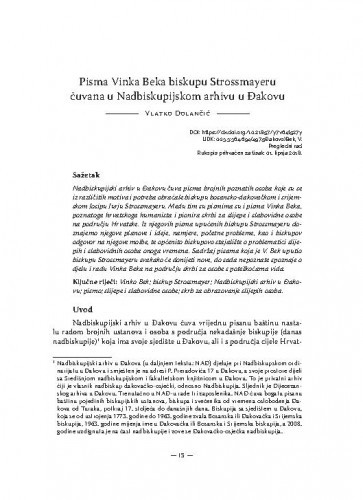 Pisma Vinka Beka biskupu Strossmayeru čuvana u Nadbiskupijskom arhivu u Đakovu / Vlatko Dolančić