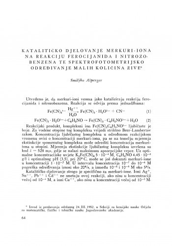 Katalitičko djelovanje merkuri-iona na reakciju ferocijanida i nitrozobenzena te spektrofotometrijsko određivanje malih količina žive / S. Ašperger