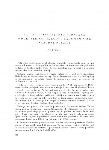Rad na prikupljanju podataka o Đuri Feriću i njegovu radu oko naše narodne poezije / I. Frangeš