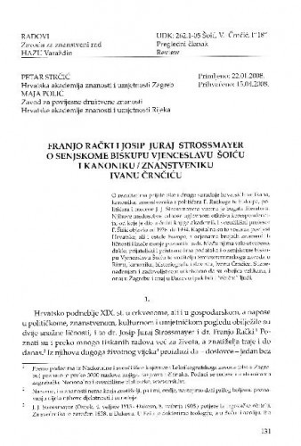 Franjo Rački i Josip Juraj Strossmayer o senjskome biskupu Vjenceslavu Šoiću i kanoniku / znanstveniku Ivanu Črnčiću / Petar Strčić, Maja Polić