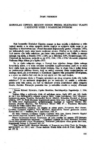 Koriolan Cippico, njegov odnos prema mletačkoj vlasti i njegove veze s ugarskim dvorom / Ivan Pederin