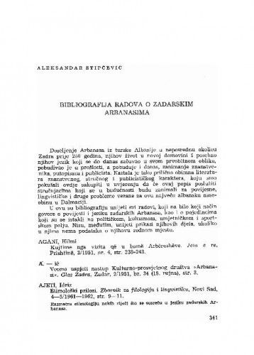 Bibliografija radova o zadarskim Arbanasima / Aleksandar Stipčević