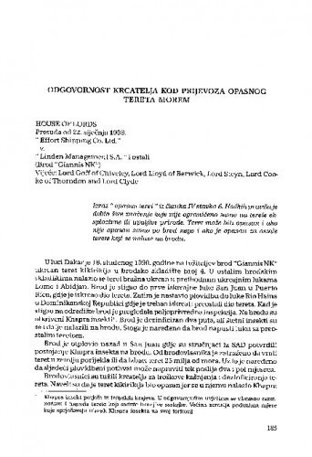 Odgovornost krcatelja kod prijevoza opasnog tereta morem : [prikaz presude i bilješka] / Dino Pinjo