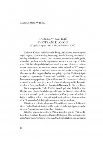 Radoslav Katičić svestrani filolog : (Zagreb, 3. srpnja 1930.-Beč, 10. kolovoza 2019.) / Mislav Ježić
