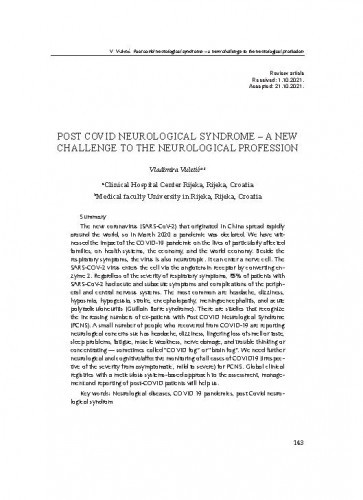 Post covid neurological syndrome – a new challenge to the neurological profession / Vladimira Vuletić