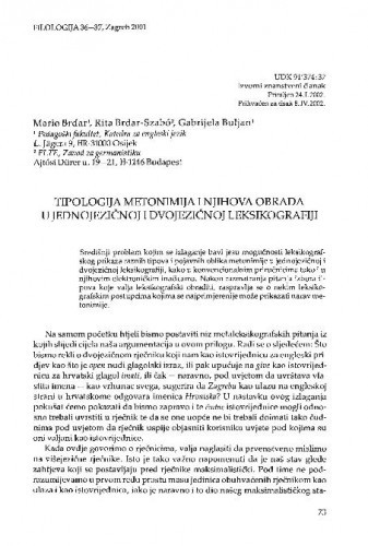 Tipologija metonimija i njihova obrada u jednojezičnoj i dvojezičnoj leksikografiji / Mario Brdar, Rita Brdar-Szabo, Gabrijela Buljan