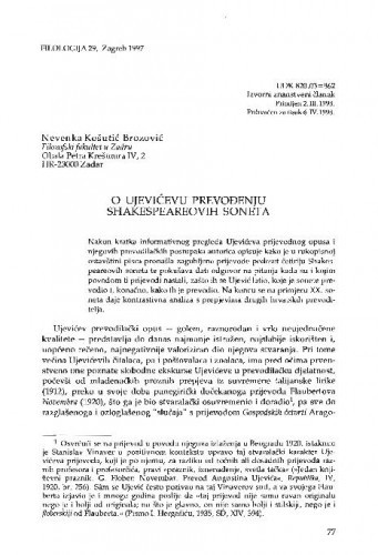 O Ujevićevu prevodenju Shakespeareovih soneta / Nevenka Košutić-Brozović