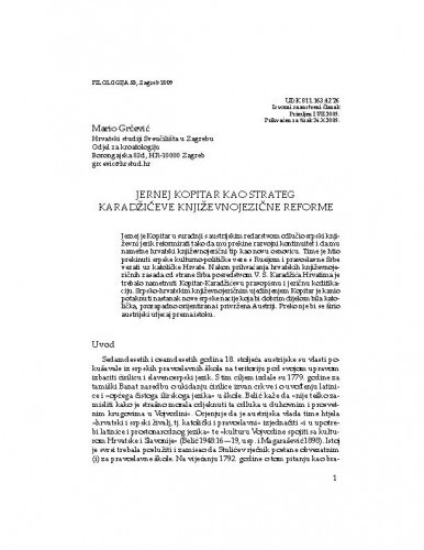 Jernej Kopitar kao strateg Karadžićeve književnojezične reforme / Mario Grčević