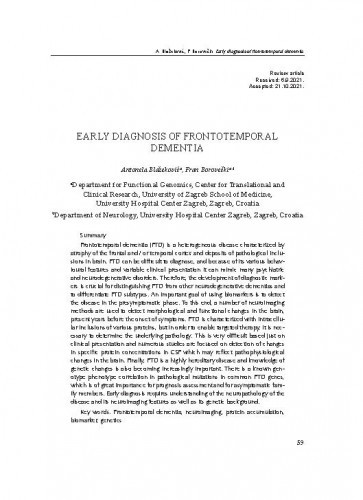 Early diagnosis of frontotemporal dementia / Antonela Blažeković, Fran Borovečki
