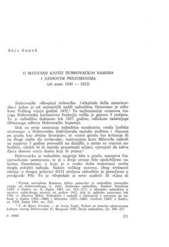 O matičnoj knjizi dubrovačkih nahoda i njihovim prezimenima : (ab anno 1830-1952) / Ante Šupuk