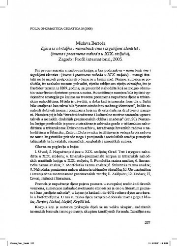 Mislava Bertoša: Djeca iz obrtaljke : nametnuto ime i izgubljeni identitet (imena i prezimena nahoda u XIX. stoljeću), Profil, Zagreb, 2005. : [prikaz] / Ankica Čilaš Šimpraga
