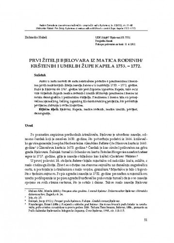 Prvi žitelji Bjelovara iz matica rođenih/krštenih župe Kapela 1753.-1772. / Dubravko Habek
