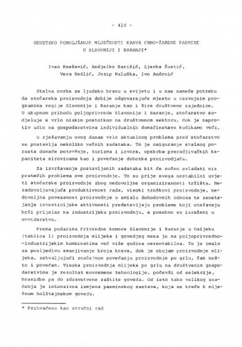 Genetsko poboljšanje mlječnosti krava crno-šarene pasmine u Slavoniji i Baranji / Ivan Knežević, Andjelko Barišić, Ljerka Šuštić, Vera Bešlić, Josip Haluška, Ivo Androić