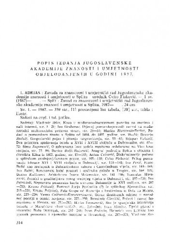 Popis izdanja Jugoslavenske akademije znanosti i umjetnosti objelodanjenih u godini 1987.