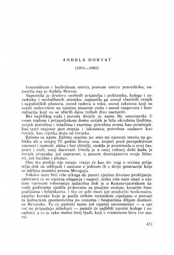 Anđela Horvat (1911-1985) : [nekrolozi] / Branko Fučić