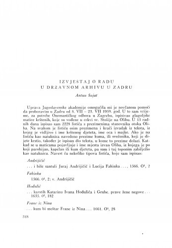 Izvještaj o radu u Državnom arhivu u Zadru / A. Šojat