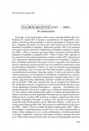 Dalibor Brozović 28. VII. 1927. - 19. VI. 2009. : in memoriam / Radoslav Katičić