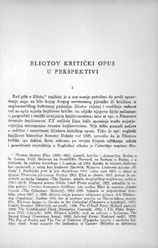 Eliotov kritički opus u perspektivi / M. Beker