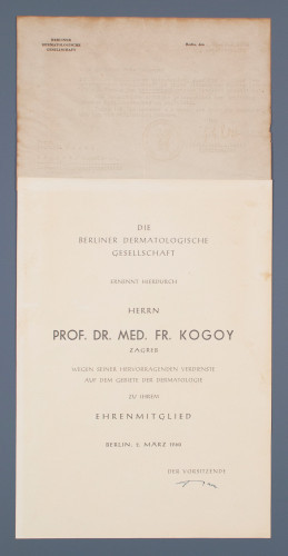 Povelja počasnog članstva Berlinskog dermatološkog društva Franji Kogoju
