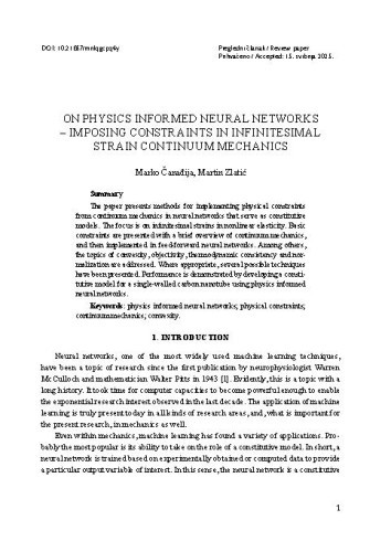 On physics informed neural networks – imposing constraints in infinitesimal strain continuum mechanics / Marko Čanađija, Martin Zlatić