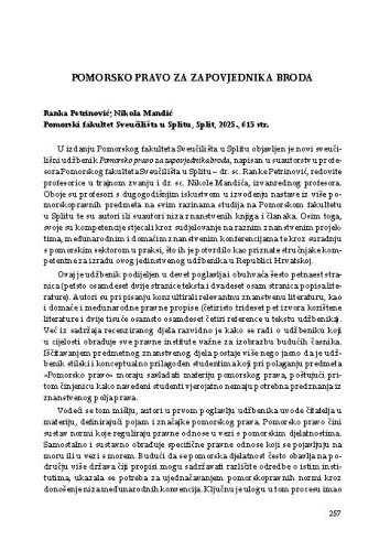 Pomorsko pravo za zapovjednika broda
 : [prikaz] : Ranka Petrinović; Nikola Mandić, Pomorski fakultet Sveučilišta u Splitu, Split, 2025. / Petra Amižić Jelovčić