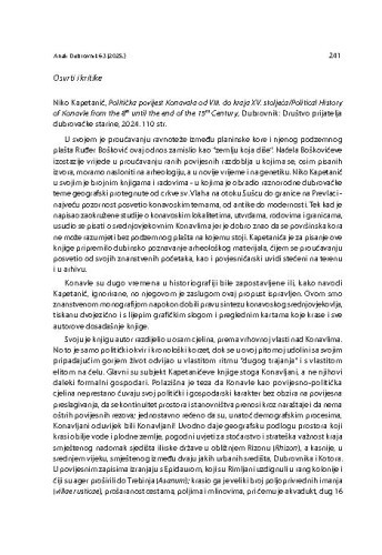 Niko Kapetanić, Politička povijest Konavala od VIII. do kraja XV. stoljeća/Political History of Konavle from the 8th until the end of the 15th Century, Dubrovnik: Društvo prijatelja dubrovačke starine, 2024. : prikaz / Josip Vrandečić