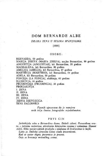 Dom Bernarde Albe : drama žena u selima Španjolske (1936) / Federico Garcia Lorca ; preveo Drago lvanišević