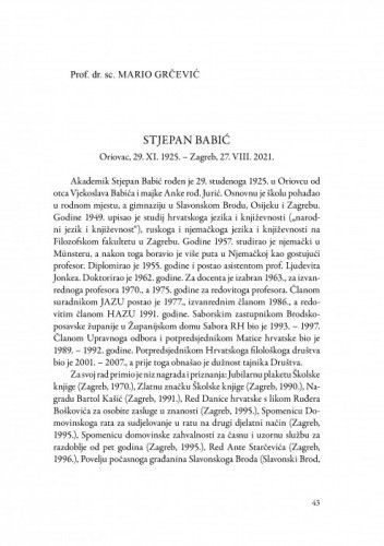 Stjepan Babić : Oriovac, 29. XI. 1925. – Zagreb, 27. VIII. 2021 / Mario Grčević
