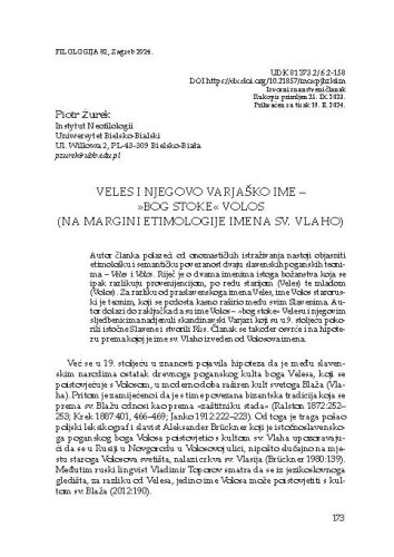 Veles i njegovo varjaško ime – »bog stoke« Volos (na margini etimologije imena sv. Vlaho) / Piotr Żurek