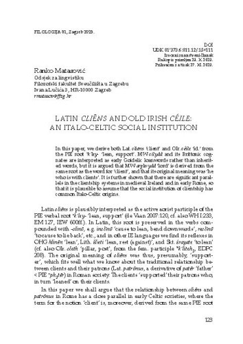 Latin cliēns and Old Irish céile: an Italo-Celtic Social Institution / Ranko Matasović