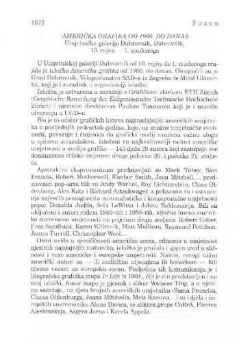 Američka grafika od 1960. do danas : Umjetnička galerija Dubrovnik, Dubrovnik, 10. rujna - 1. studenoga : [likovna kronika] / Ivica Župan