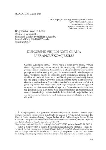 Diskursne vrijednosti člana u francuskom jeziku / Bogdanka Pavelin Lešić