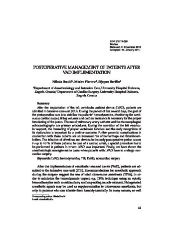 Postoperative management of patients after VAD implementation / Nikola Bradić, Mislav Planinc, Stjepan Barišin