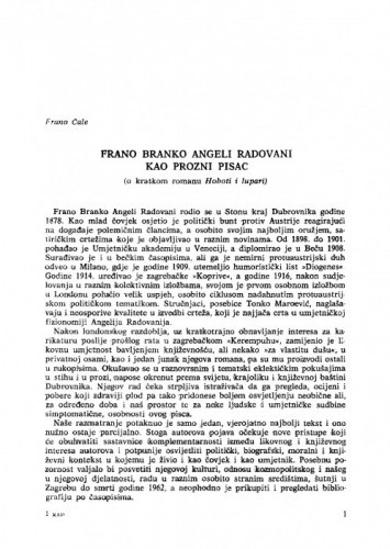 Frano Branko Angeli Radovani kao prozni pisac : (o kratkom romanu Hoboti i lupari) / Frano Čale