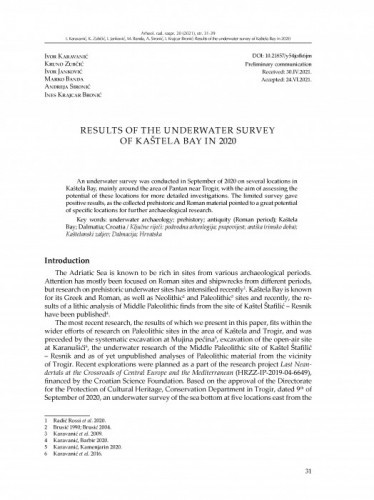 Results of the underwater survey of Kaštela Bay in 2020 / Ivor Karavanić, Kruno Zubčić, Ivor Janković, Marko Banda, Andreja Sironić, Ines Krajcar Bronić