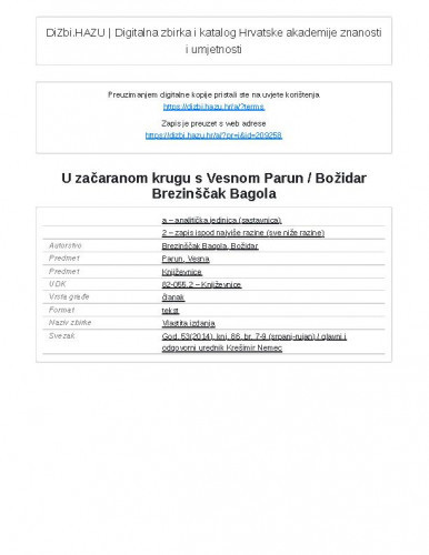 U začaranom krugu s Vesnom Parun / Božidar Brezinščak Bagola