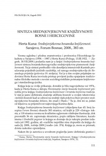 Sinteza srednjovjekovne književnosti Bosne i Hercegovine : Herta Kuna: Srednjovjekovna bosanska književnost. Sarajevo, Forum Bosnae, 2008. : [prikaz] / Pavao Knezović
