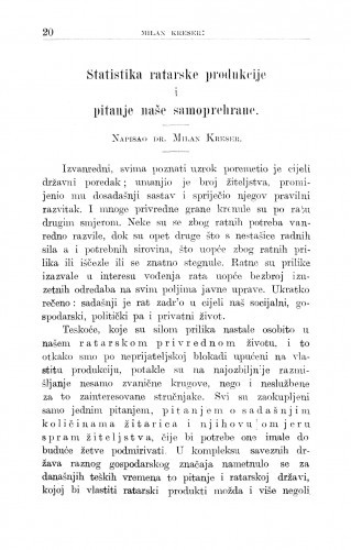 Statistika ratarske produkcije i pitanje naše samoprehrane / M. Kreser