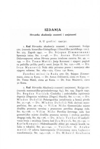 Izdanja Hrvatske akademije znanosti i umjetnosti u godini 1940./41. i 1942.
