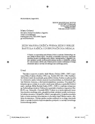 Jezik Marina Držića prema jeziku Biblije Bartola Kašića i Dubrovačkoga misala / Mario Grčević
