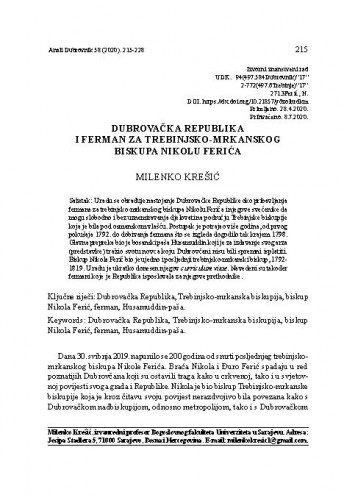 Dubrovačka Republika i ferman za trebinjsko-mrkanskog biskupa Nikolu Ferića / Milenko Krešić