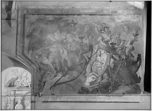 Crkva Bezgrešnog začeća Blažene Djevice Marije (Lepoglava) : pjevalište, zidni oslik, Dvadeset i četiri Starca apokalipse i četiri Bića klanjaju se Janjetu, 1737., detalj (Ivan Krstitelj Ranger)