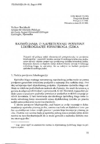 Razmišljanja o napredovanju povijesne leksikografije hrvatskoga jezika / Volker Bockholt