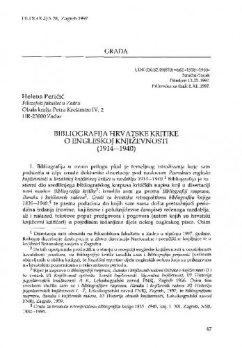 Bibliografija hrvatske kritike o engleskoj književnosti (1914-1940) / Helena Peričić