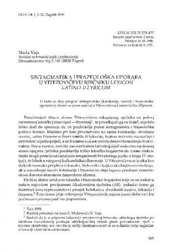 Sintagmatska i frazeološka uporaba u Vitezovićevu rječniku Lexicon Latino-Illyricum / Nada Vajs
